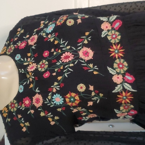 ZARA Floral Embroidered Black Sheer Swiss Dot Long Sleeve Boho Mini Dress S - Picture 4 of 9